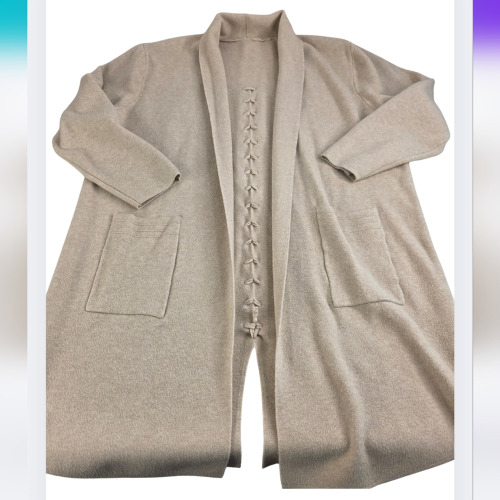 Beige Corset Tied Laced Up Long Cardigan Size L W/Pockets Stretchy Soft 3257-CN